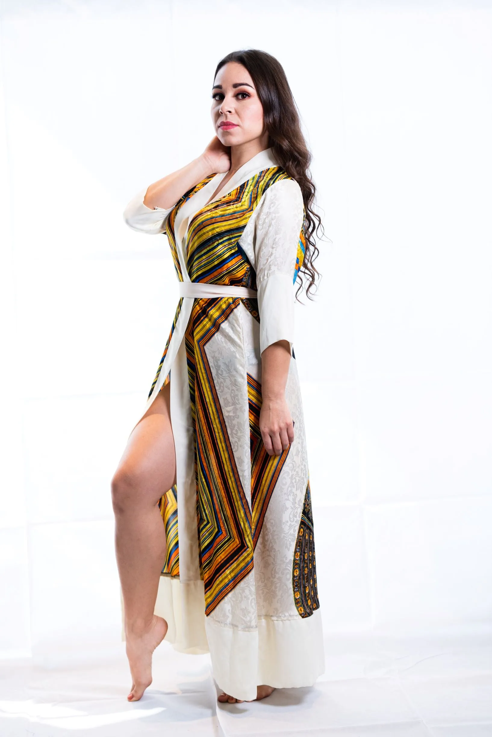 Gianni Yellow Blue Silk kimono robe