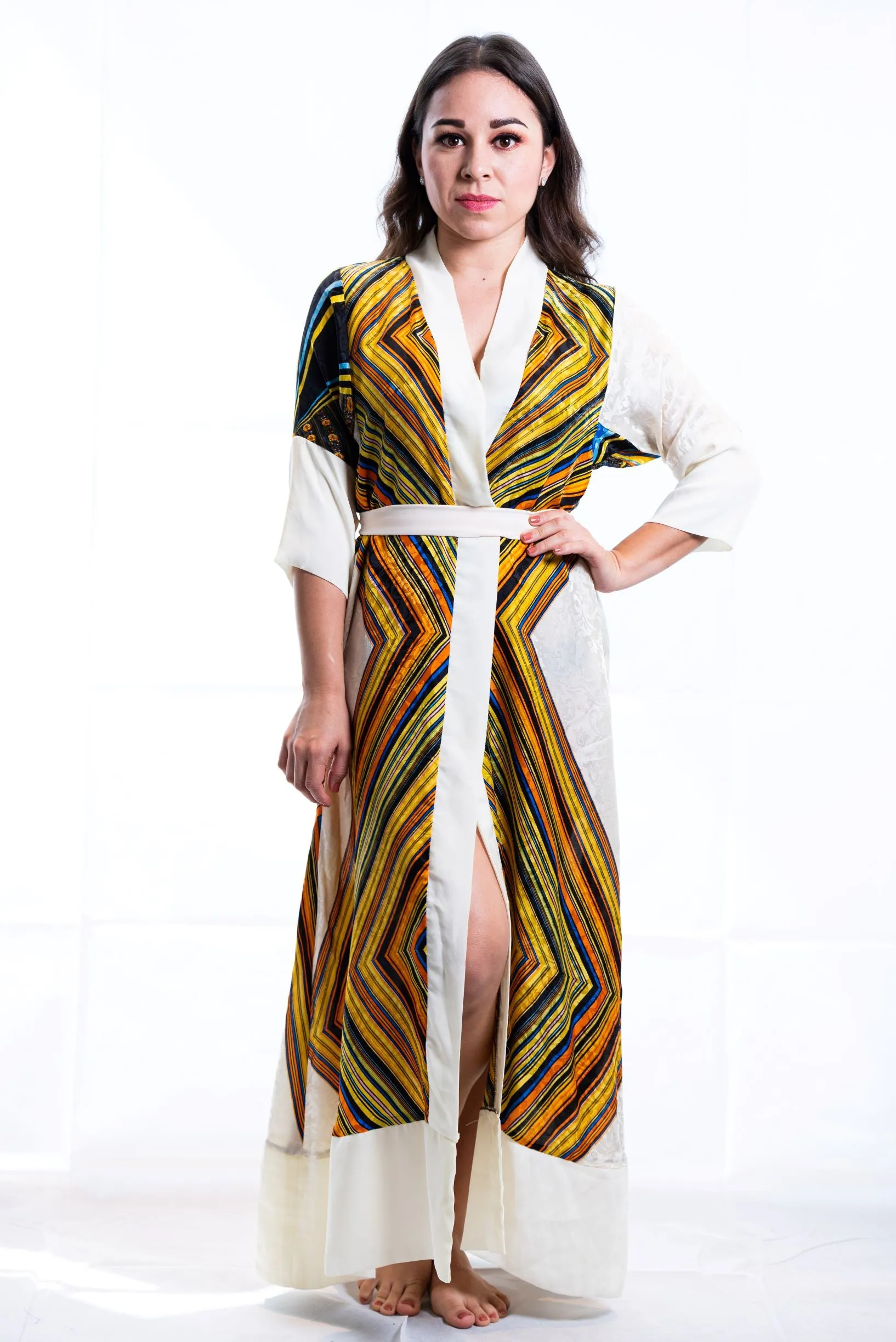 Gianni Yellow Blue Silk kimono robe