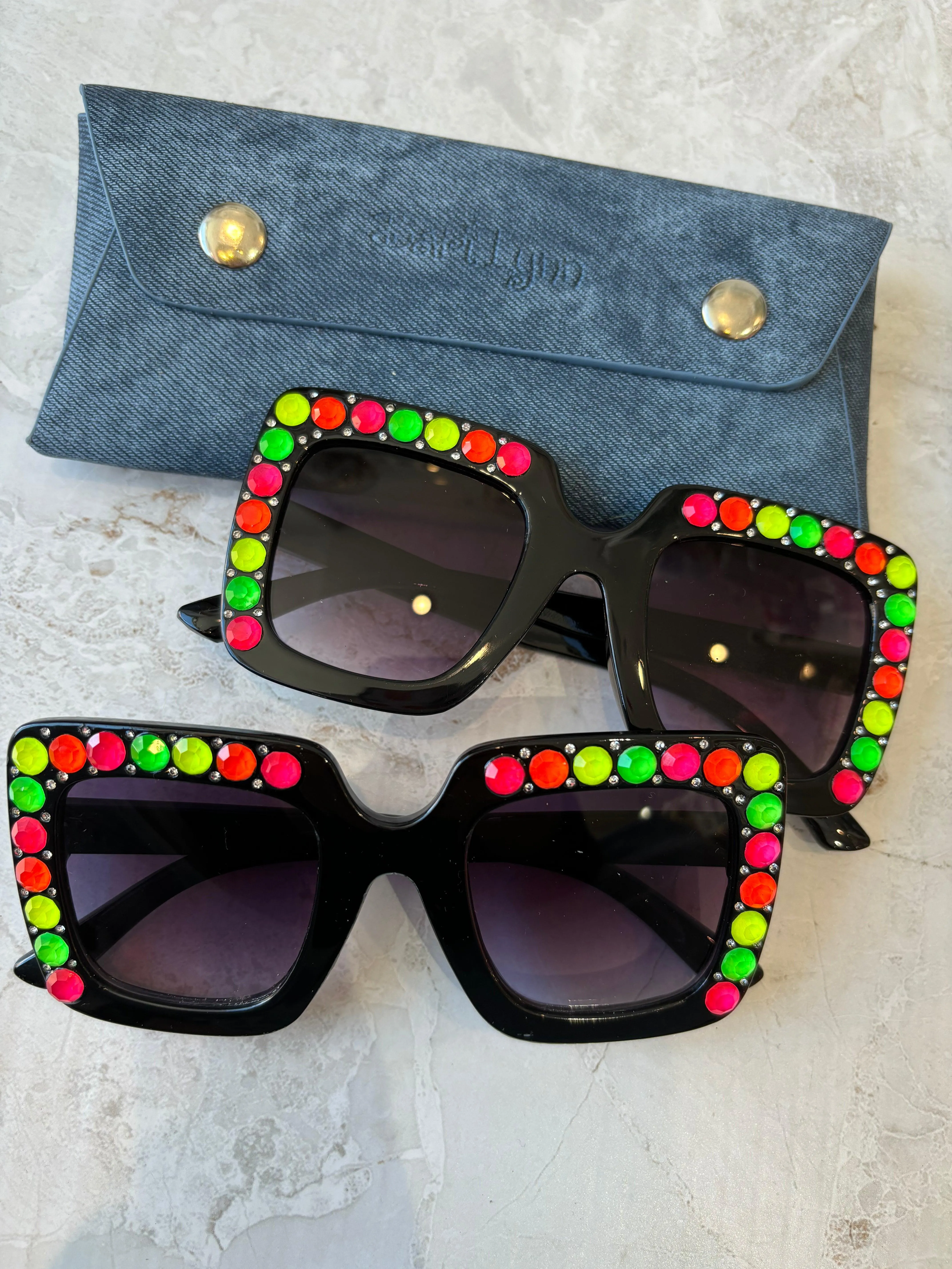 Girls Sunglasses | Crystallizes Square- Black Neon | Bari Lynn Accessories