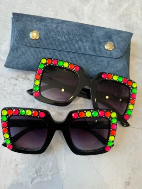 Girls Sunglasses | Crystallizes Square- Black Neon | Bari Lynn Accessories