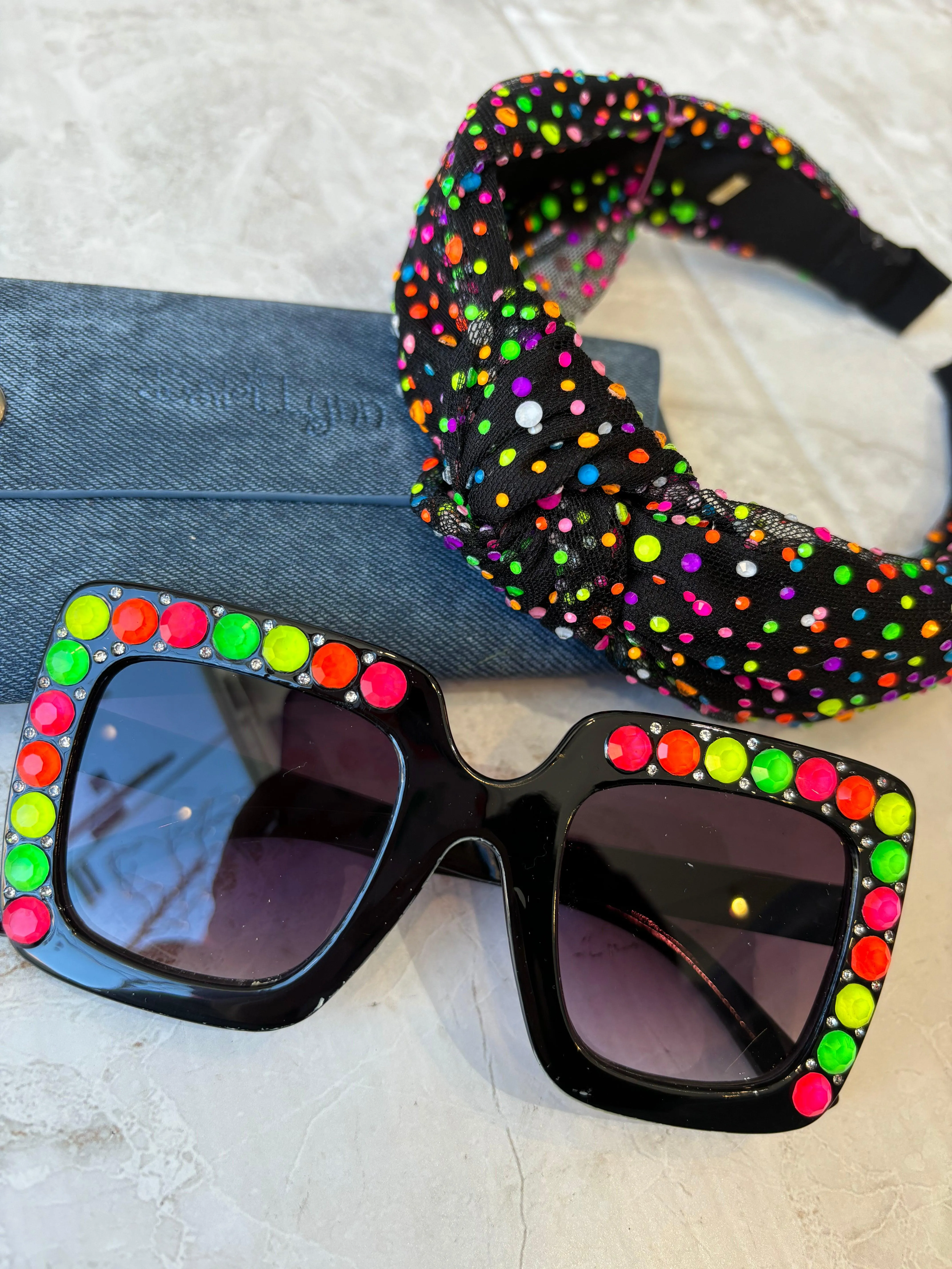 Girls Sunglasses | Crystallizes Square- Black Neon | Bari Lynn Accessories