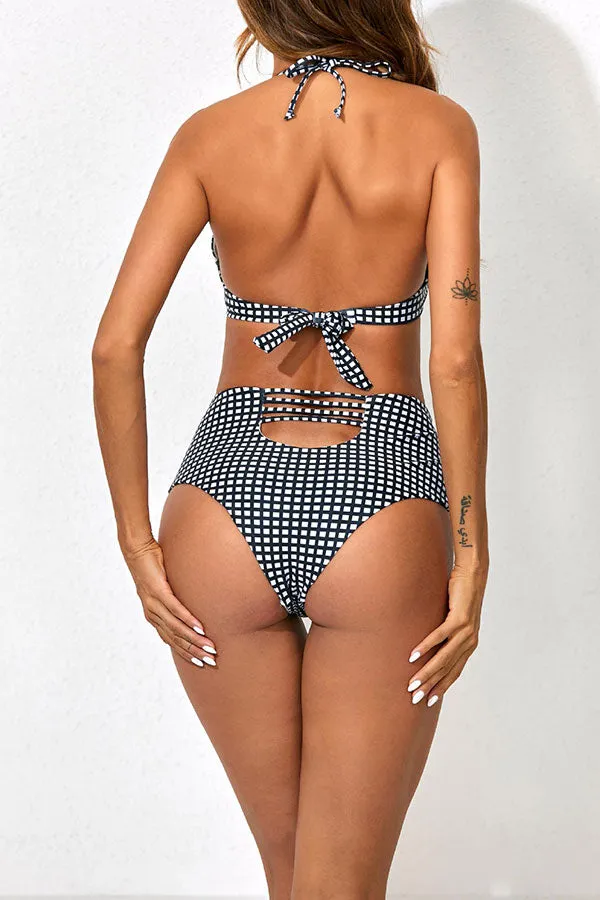 Grid Halter Collar Beachy High Waist Bikini