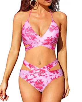 High Leg Two Piece Bikini Sets For Women Push Up Swimsuit-Pink Tie Dye