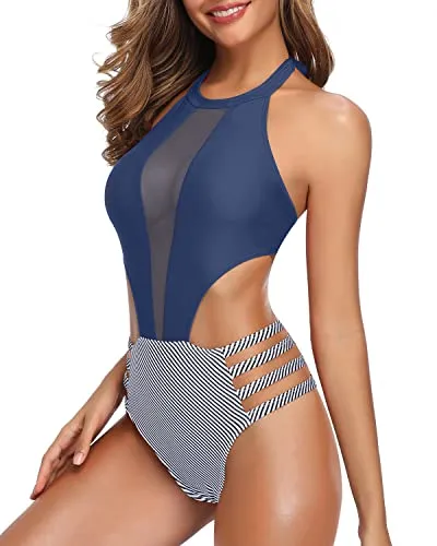 Hook Closure Center Back Sexy One Piece Bathing Suit For Women-Blue White Stripe
