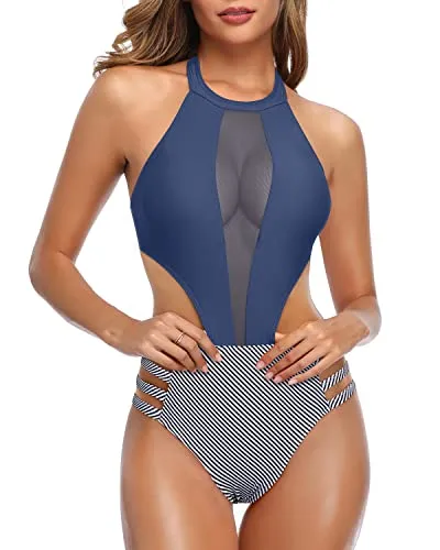 Hook Closure Center Back Sexy One Piece Bathing Suit For Women-Blue White Stripe
