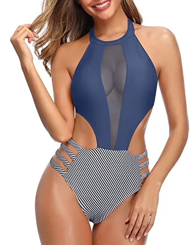 Hook Closure Center Back Sexy One Piece Bathing Suit For Women-Blue White Stripe