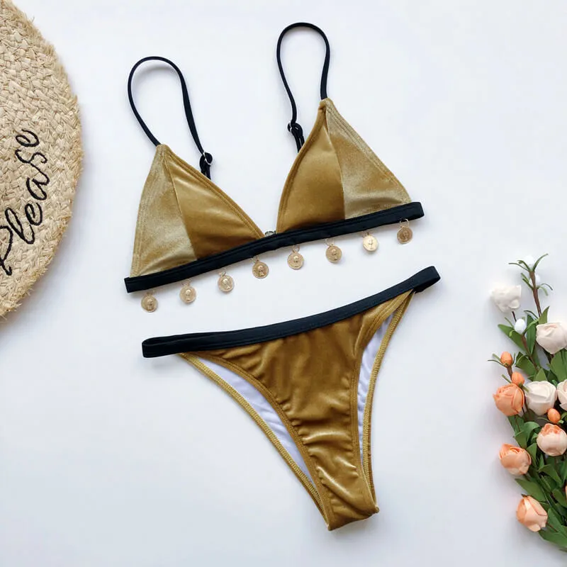 Hot Gold Suede Mid Rise Thong Bottom Bikinis