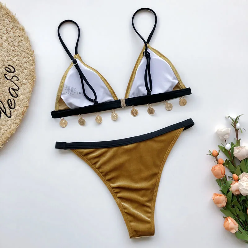 Hot Gold Suede Mid Rise Thong Bottom Bikinis