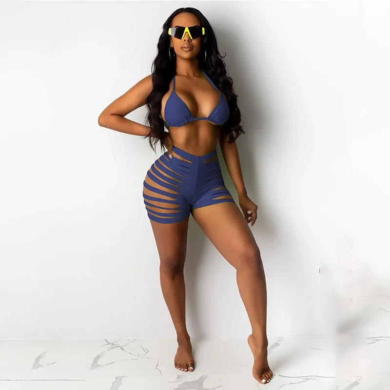 Hot Plain Cutout Strappy Halter High Rise Bikinis