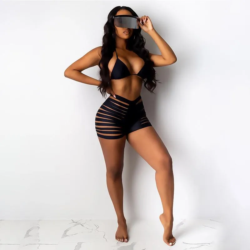 Hot Plain Cutout Strappy Halter High Rise Bikinis