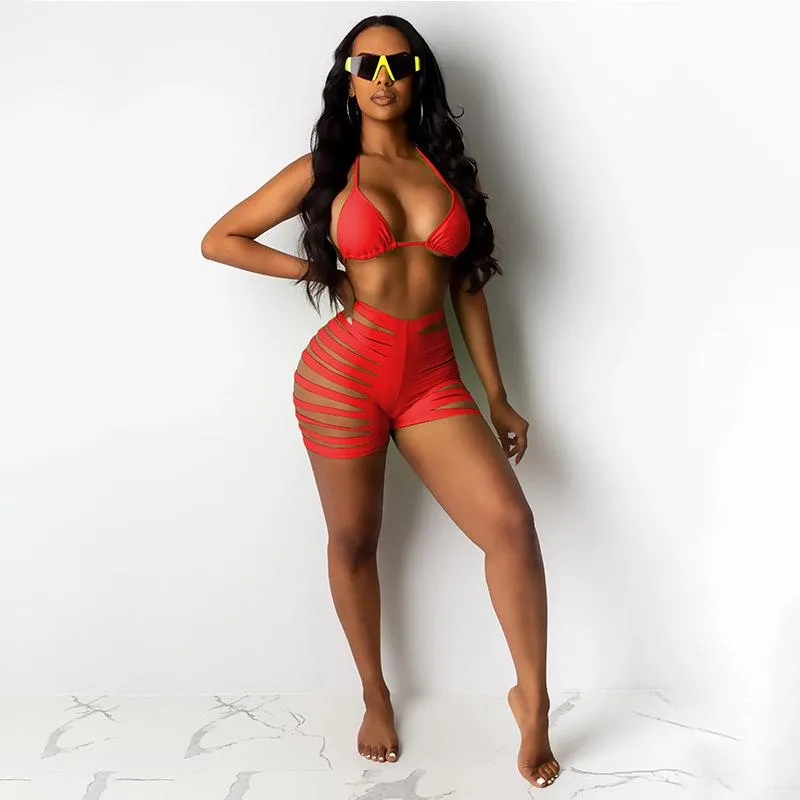 Hot Plain Cutout Strappy Halter High Rise Bikinis