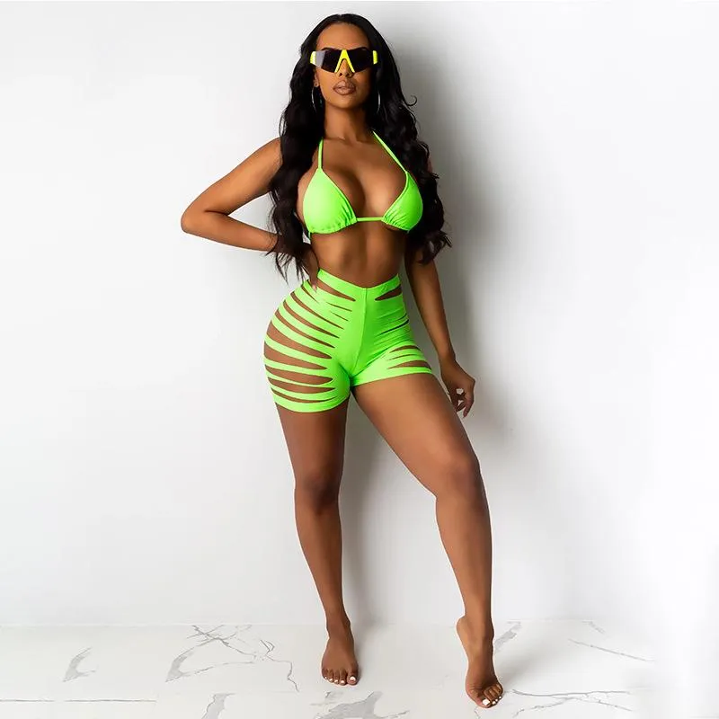 Hot Plain Cutout Strappy Halter High Rise Bikinis