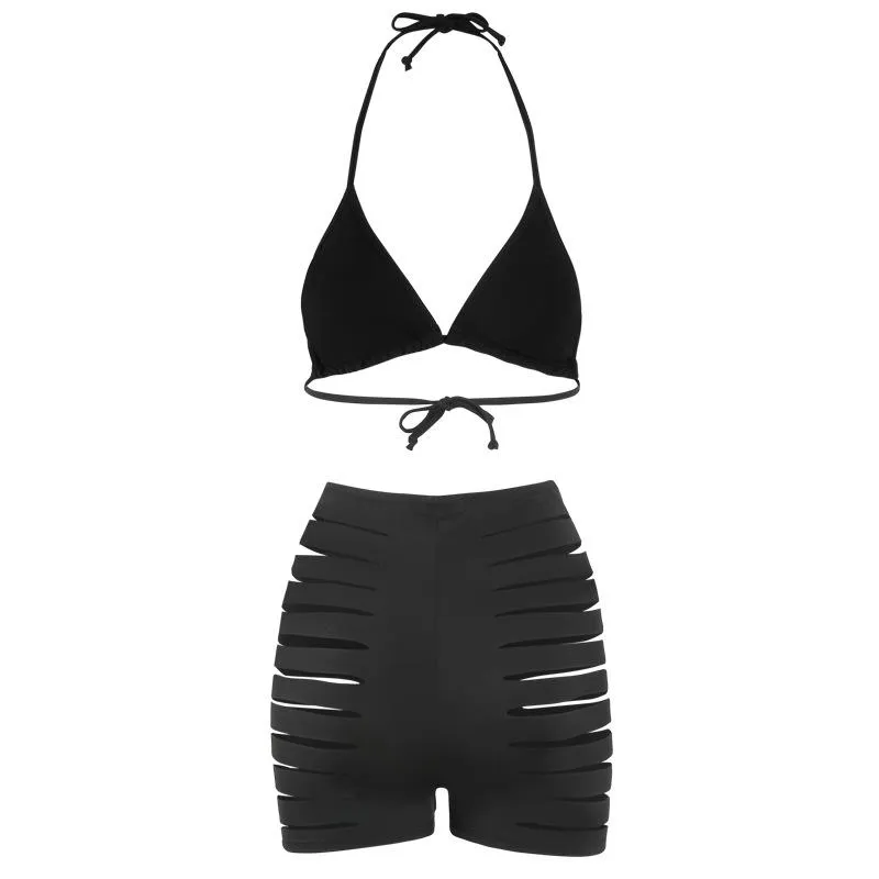 Hot Plain Cutout Strappy Halter High Rise Bikinis