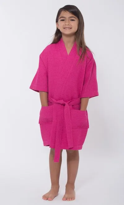 Kids Waffle Cotton Robe, Short V-Neck For Girls Sleepwear Loungewear