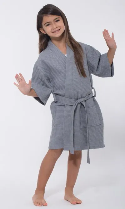 Kids Waffle Cotton Robe, Short V-Neck For Girls Sleepwear Loungewear