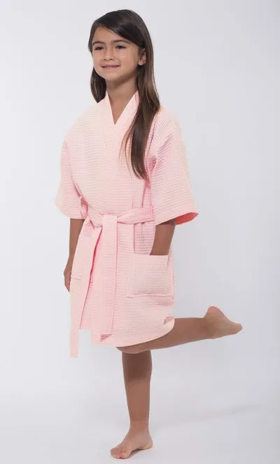 Kids Waffle Cotton Robe, Short V-Neck For Girls Sleepwear Loungewear
