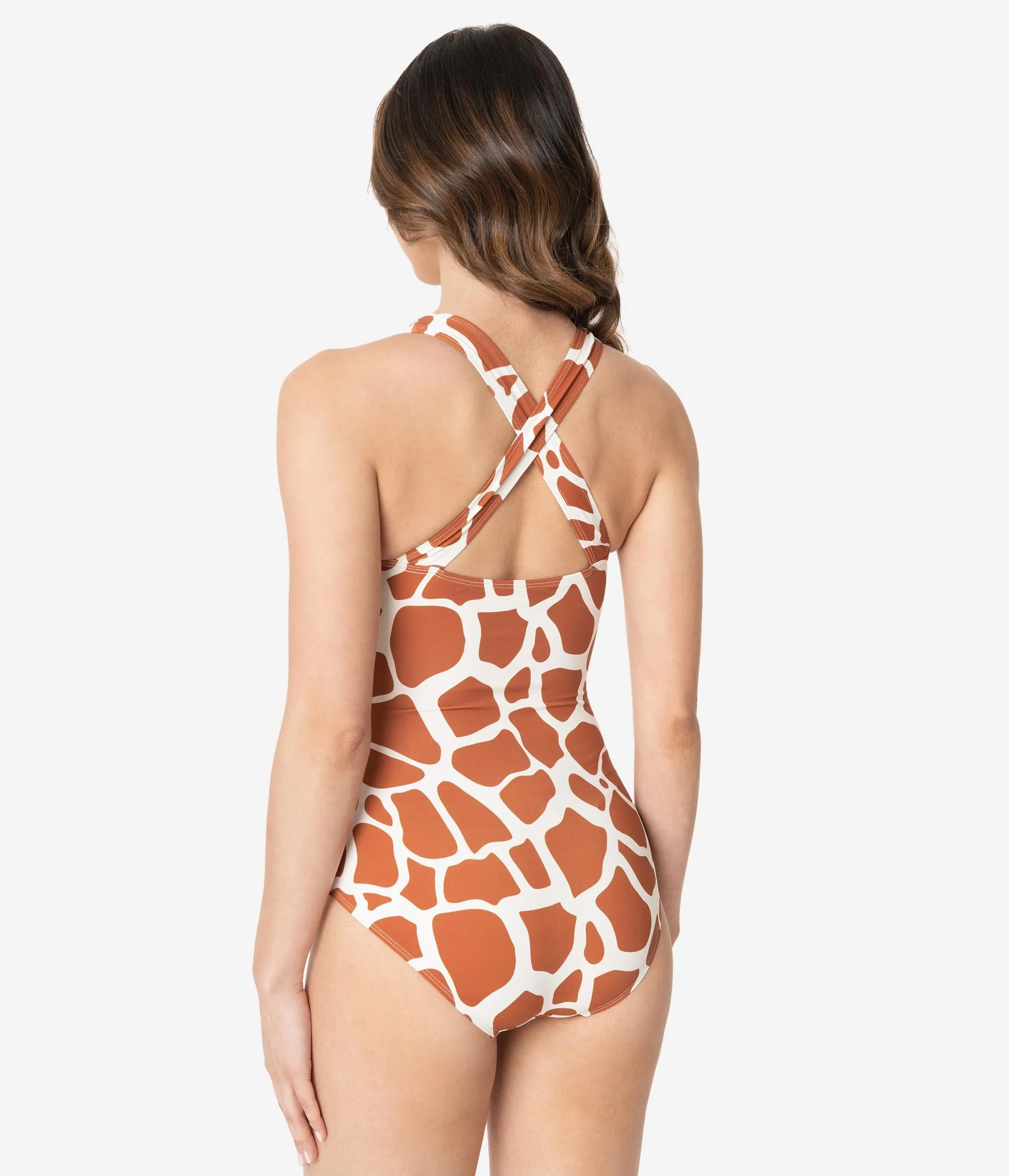 Kingdom & State Brown & White Giraffe Print One Piece Swimsuit
