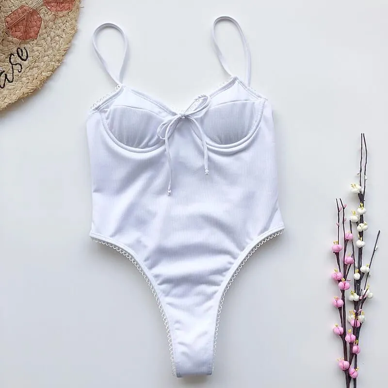 Lace Plain Bandeau Slimming Backless High Cut Swimsuits