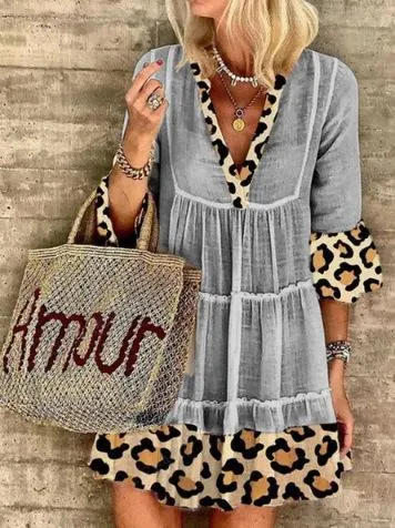Leona - Mode Léopard Imprimé Patchwork Coton Lin Robe