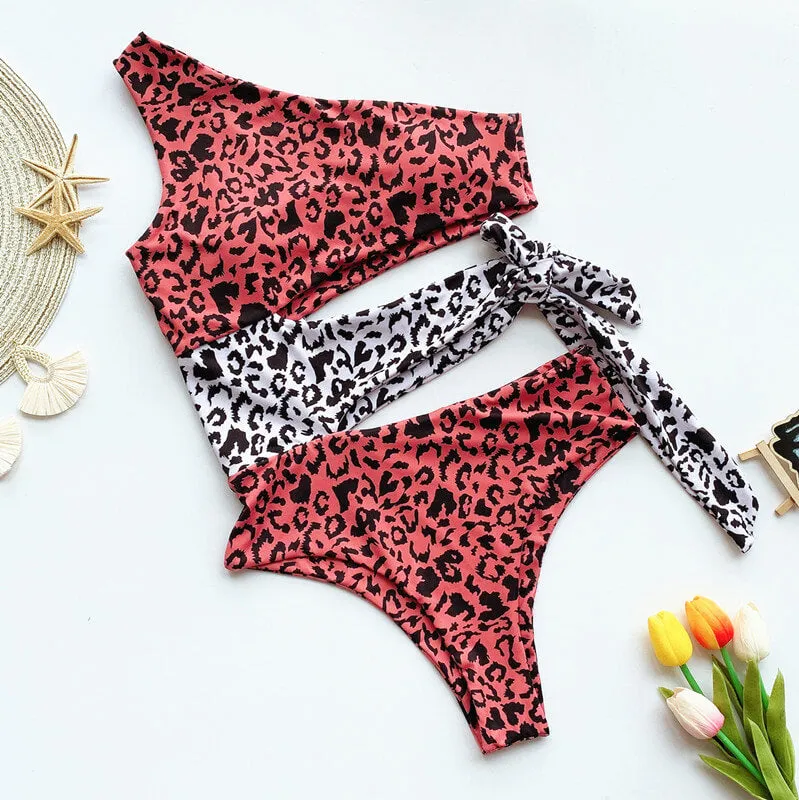 Leopard One Shoulder Bandeau Cutout High Cut Swimsuits