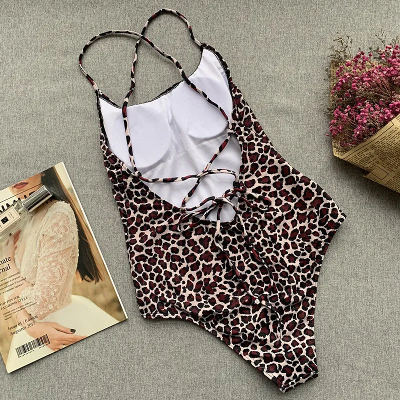 Leopard Strappy Backless Low Back High Cut Swimsuit