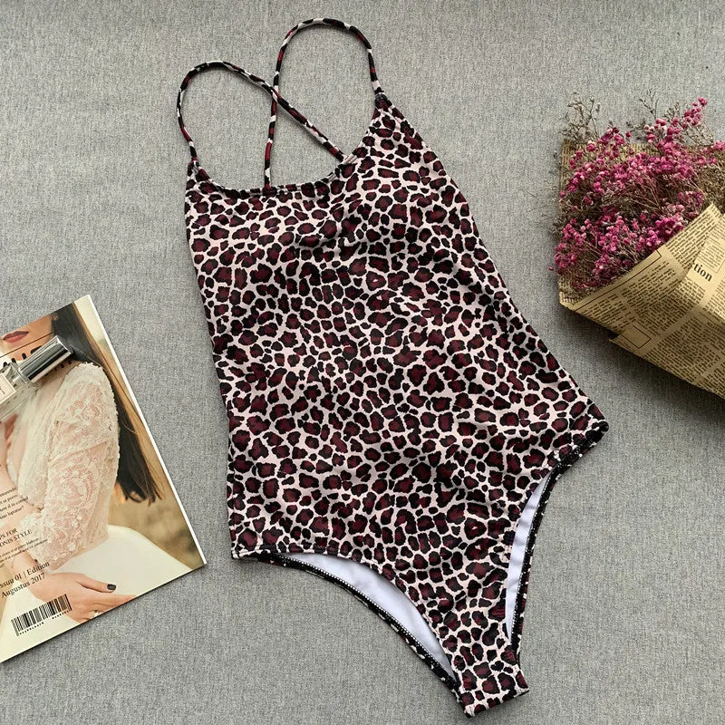Leopard Strappy Backless Low Back High Cut Swimsuit