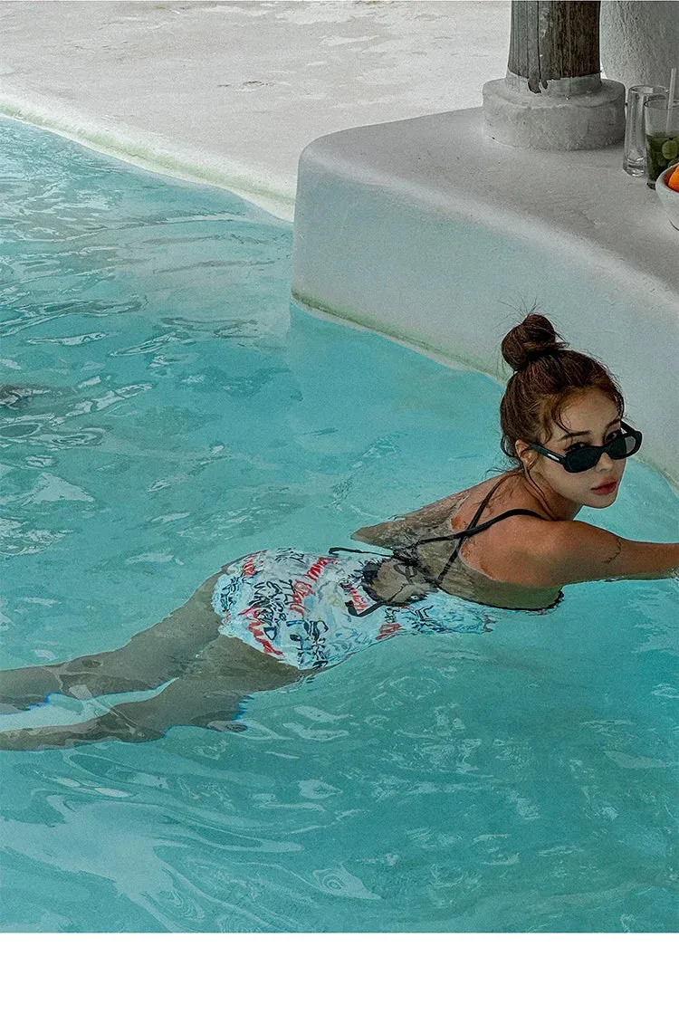 Letter-Print Swimsuit Text-Patterned One-Piece Bathing Suit