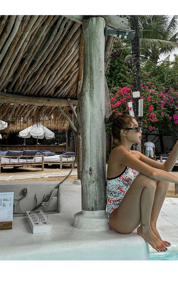 Letter-Print Swimsuit Text-Patterned One-Piece Bathing Suit
