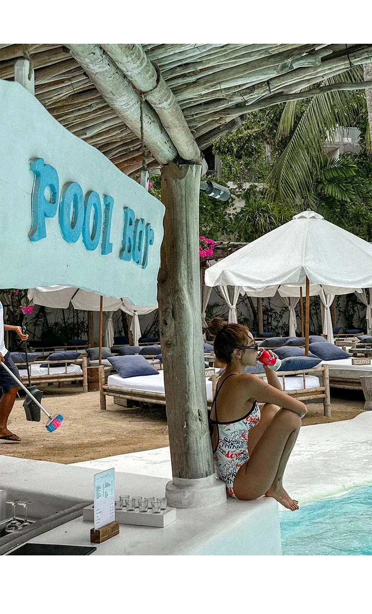 Letter-Print Swimsuit Text-Patterned One-Piece Bathing Suit