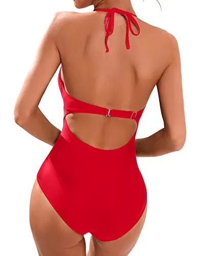 Long Torso Women's Sexy Halter Back Tie One Piece Swimsuit-Red
