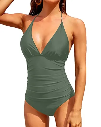 Long Torso Women's Sexy Tummy Control Halter One Piece Bathing Suit-Army Green