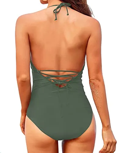 Long Torso Women's Sexy Tummy Control Halter One Piece Bathing Suit-Army Green