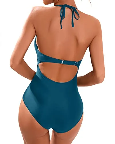 Long Torso Women's Sexy V Neck Open Back One Piece Swimsuit-Teal