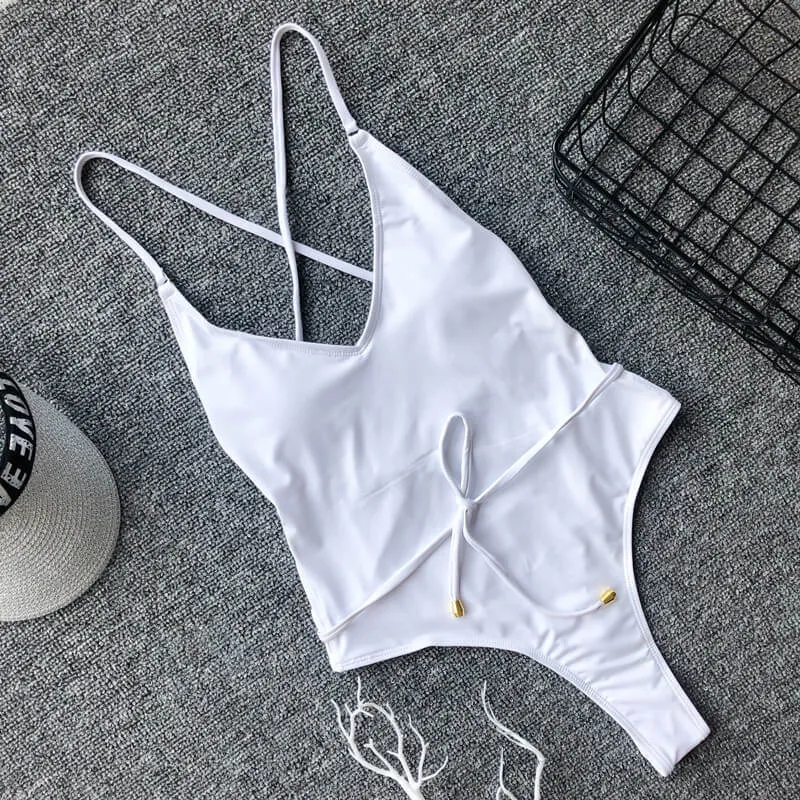 Low Back Bandeau V Neck Plain High Cut Swimsuits