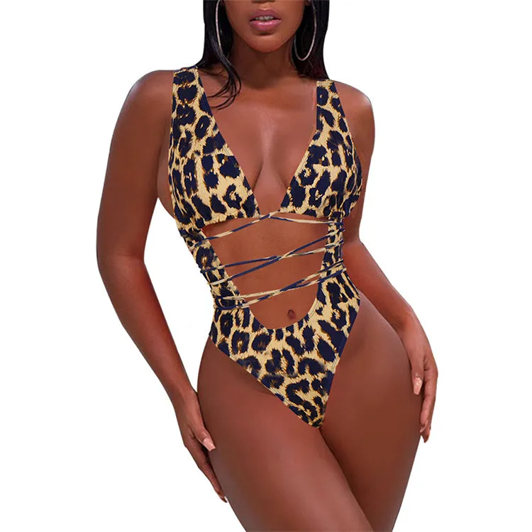Low Back High Cut Cutout Animal Print Swimsuits
