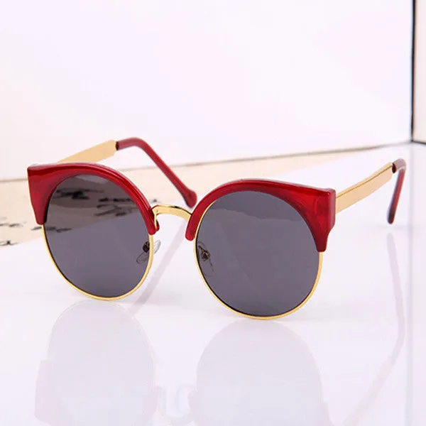 New Fashion Retro Designer Women Round Circle Glasses Cat Eye Semi-Rimless Vintage Sunglasses Goggles