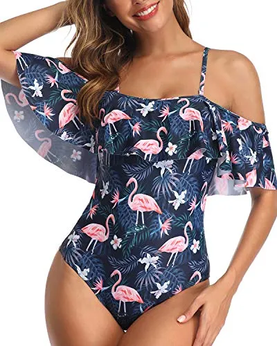 Off Shoulder Ruffled Retro One Piece Swimsuit For Women-Blue Flamingo