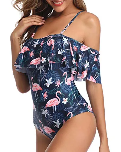Off Shoulder Ruffled Retro One Piece Swimsuit For Women-Blue Flamingo