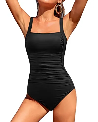 One Piece Bathing Suit For Women Push Up Tummy Control Swimsuits-Black