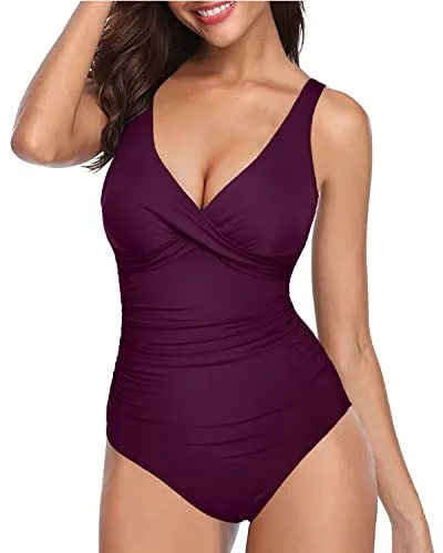 One Piece Swimsuit For Women Tummy Control Push Up 1 Piece Swimwear-Maroon
