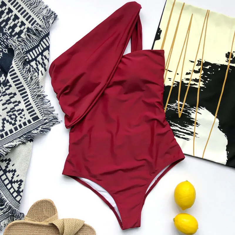 One Shoulder Backless Plain High Cut Swimsuits