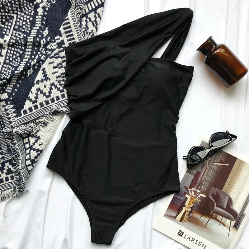 One Shoulder Backless Plain High Cut Swimsuits