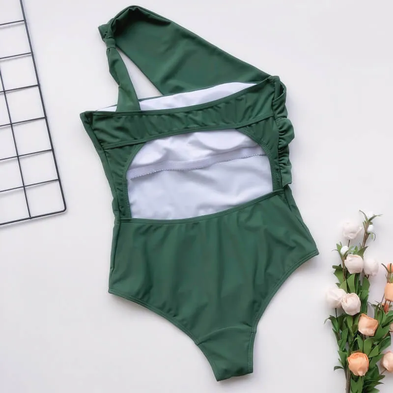 One Shoulder Backless Plain High Cut Swimsuits