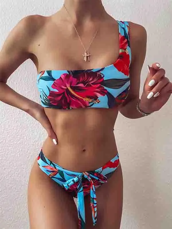One Shoulder Bikini Top Tropical Bikini Bottom With Tie