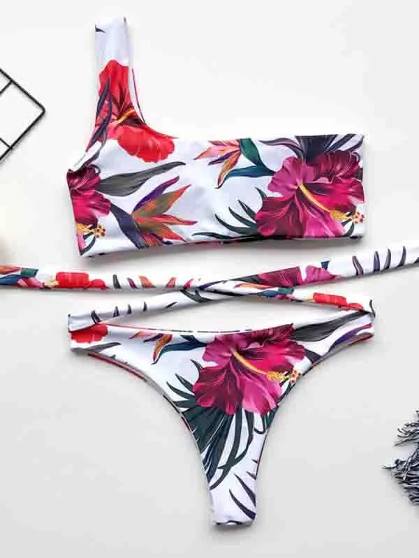 One Shoulder Bikini Top Tropical Bikini Bottom With Tie
