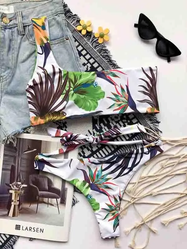 One Shoulder Bikini Top Tropical Bikini Bottom With Tie