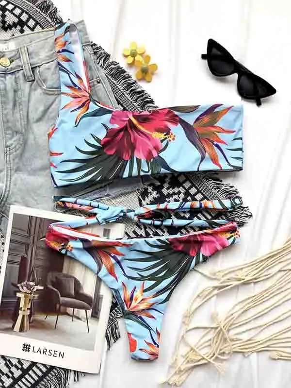 One Shoulder Bikini Top Tropical Bikini Bottom With Tie