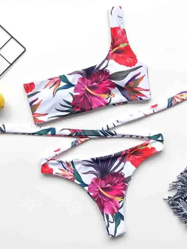 One Shoulder Bikini Top Tropical Bikini Bottom With Tie