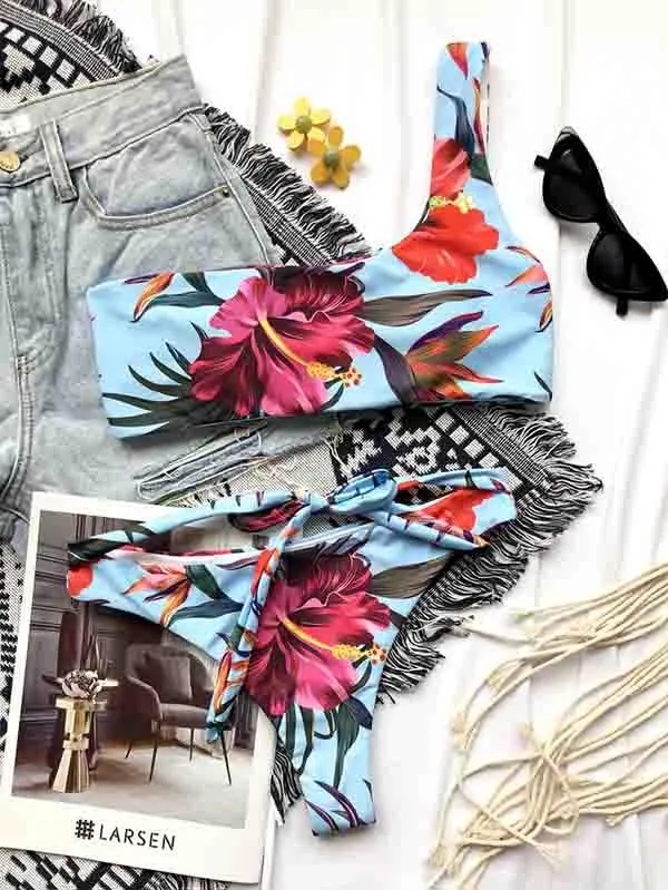One Shoulder Bikini Top Tropical Bikini Bottom With Tie