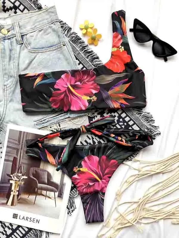 One Shoulder Bikini Top Tropical Bikini Bottom With Tie